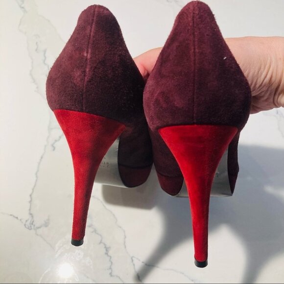 STUART WEITZMAN Sz 8.5 Burgundy Red Suede Heels Platform Woodgrain Design Shoes - Picture 5 of 10